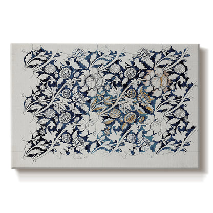 Canvas art print portraying a repeating floral design with flowing stems and scattered blossoms across light background, set against a white background