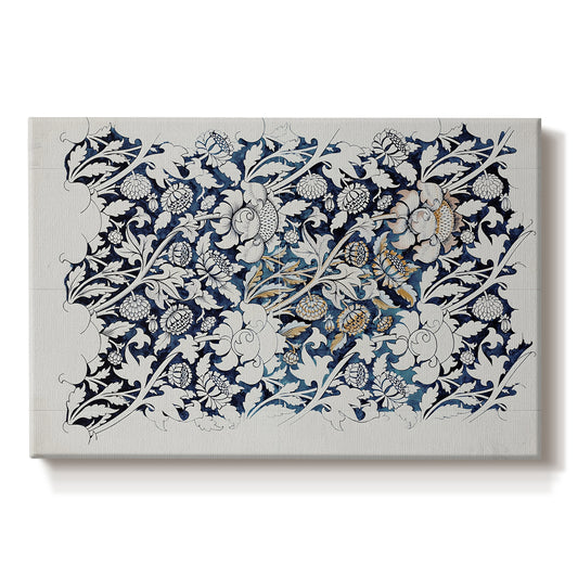 Canvas art print portraying a repeating floral design with flowing stems and scattered blossoms across light background, set against a white background