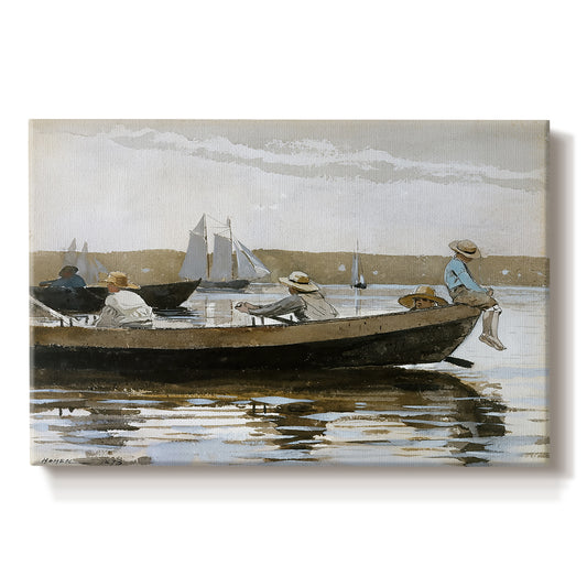 Canvas art print portraying two boys seated in small boat floating on calm water, set against a white background
