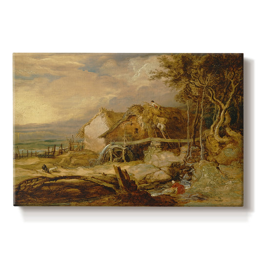Canvas art print portraying a watermill structure beside flowing stream in rural landscape, set against a white background