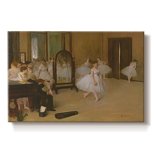 Canvas art print portraying a ballet class with dancers practicing positions under instructor guidance, set against a white background