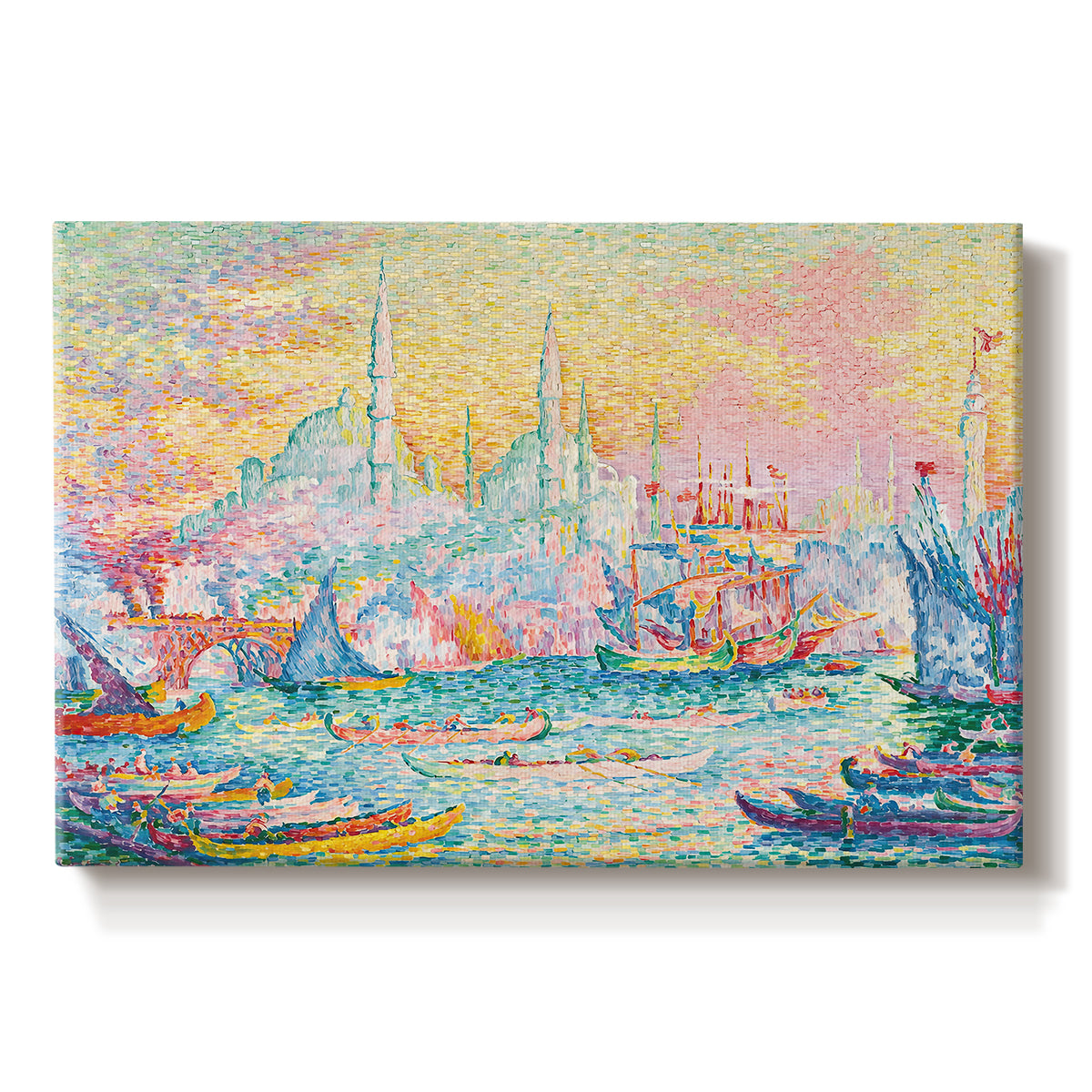 Canvas art print portraying a harbor with city skyline and boats, set against a white background