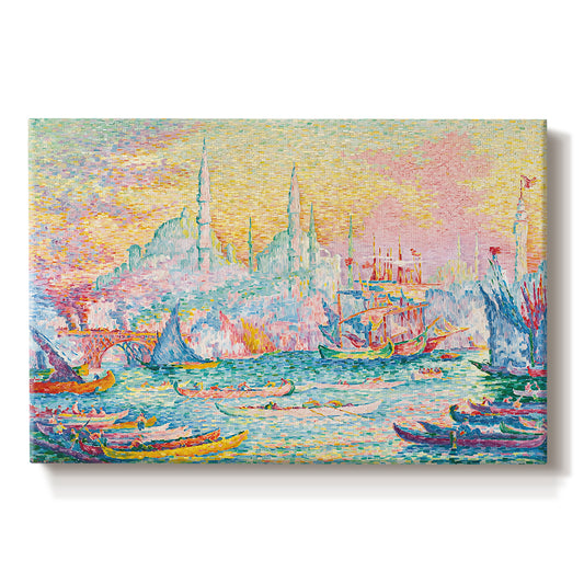 Canvas art print portraying a harbor with city skyline and boats, set against a white background