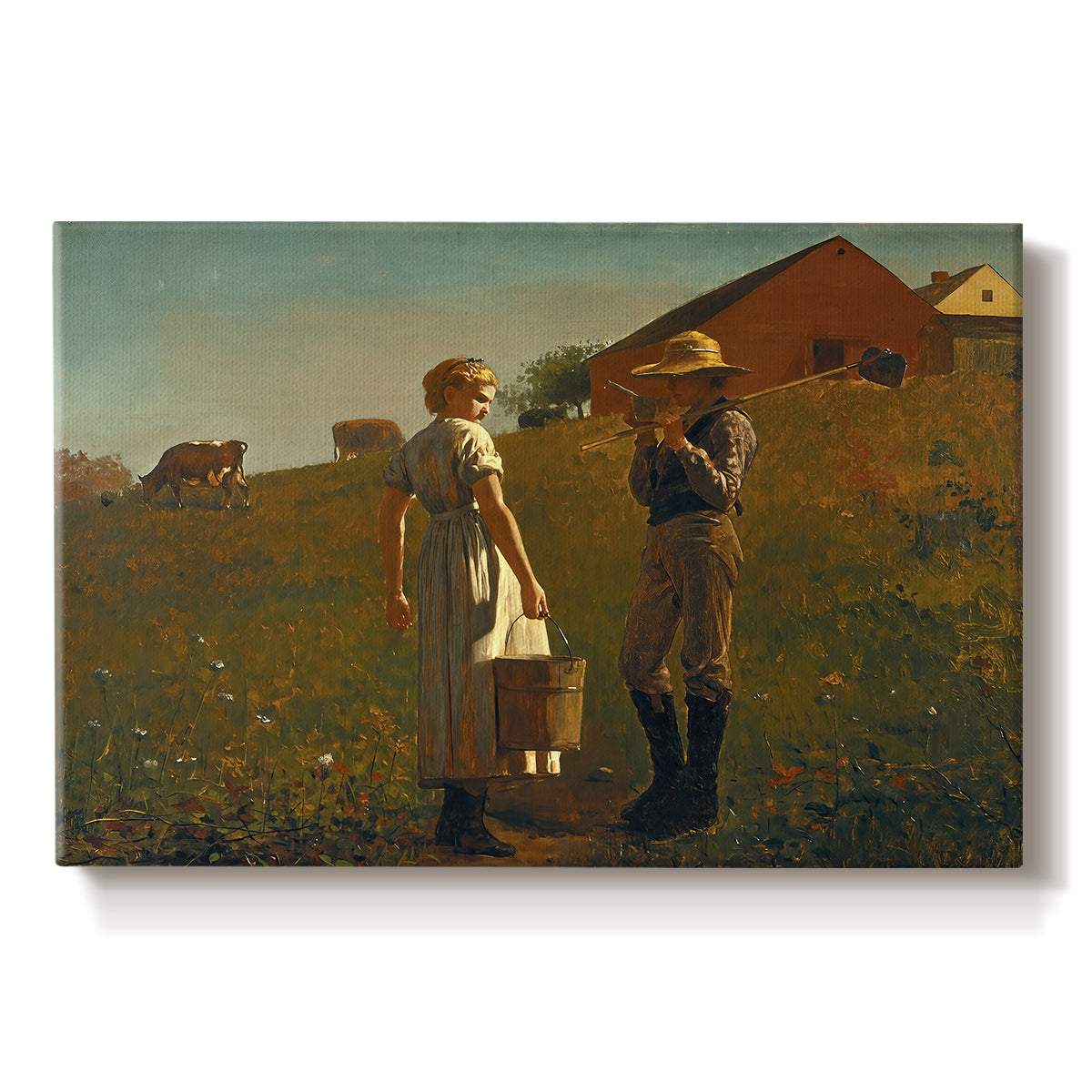 Canvas art print portraying two figures standing in open field near small building under wide sky, set against a white background