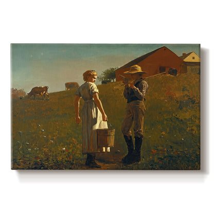 Canvas art print portraying two figures standing in open field near small building under wide sky, set against a white background