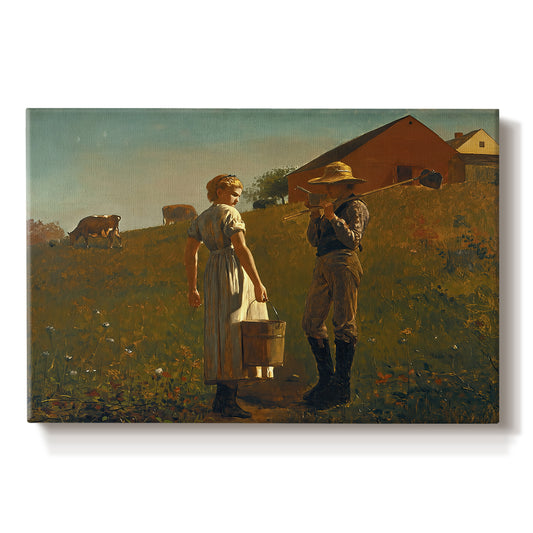 Canvas art print portraying two figures standing in open field near small building under wide sky, set against a white background