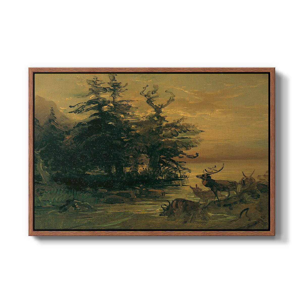 Wallowing Deer on the Shore of a Mountain Lake, c. 1850 - Floater Framed Canvas Print