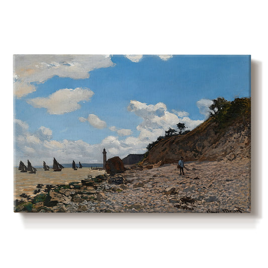 Canvas art print portraying a coastal beach scene with figures gathered along shoreline and boats nearby, set against a white background