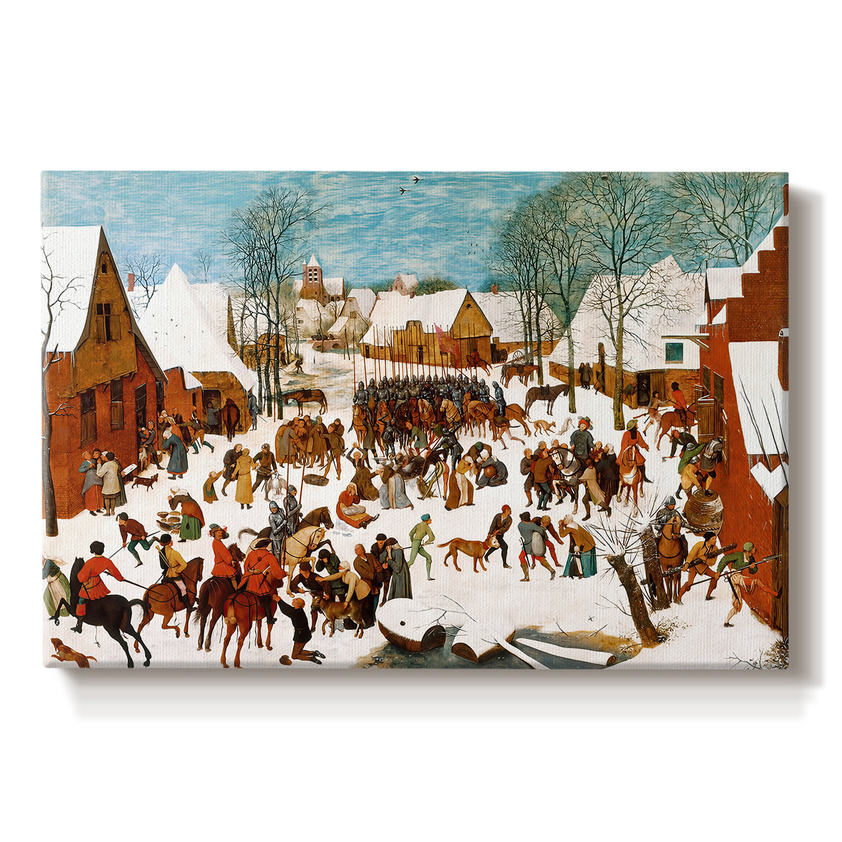 Canvas art print portraying a chaotic village scene with soldiers attacking civilians in winter setting, set against a white background