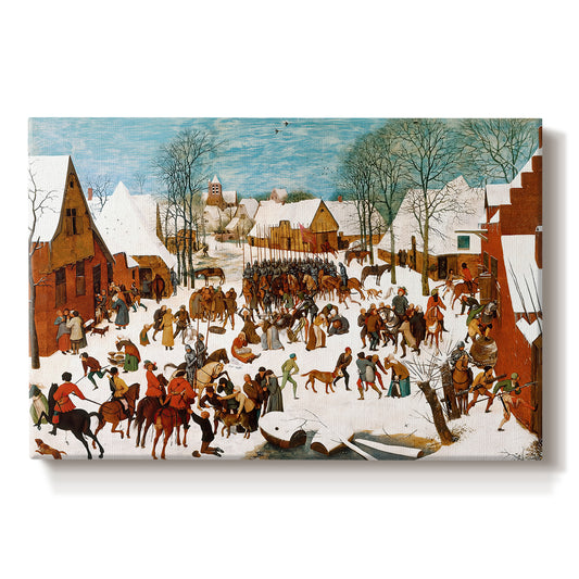 Canvas art print portraying a chaotic village scene with soldiers attacking civilians in winter setting, set against a white background
