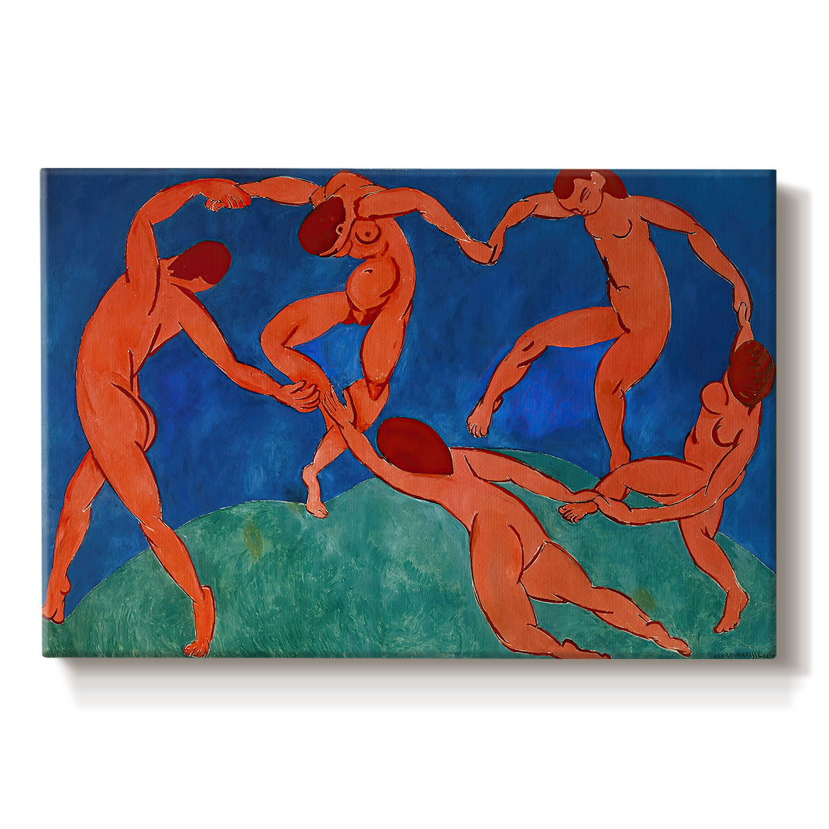 Canvas art print portraying dancing figures holding hands in a circular rhythm against a bold background, set against a white background