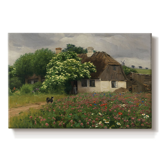 Canvas art print portraying a farmhouse surrounded by meadow filled with wildflowers and greenery, set against a white background