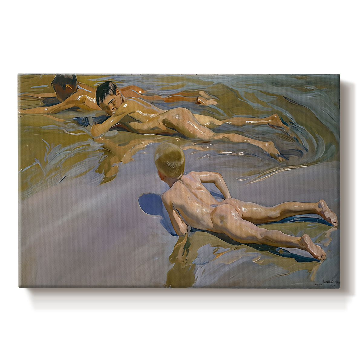Canvas art print portraying young boys running and playing along shoreline in sunlight, set against a white background