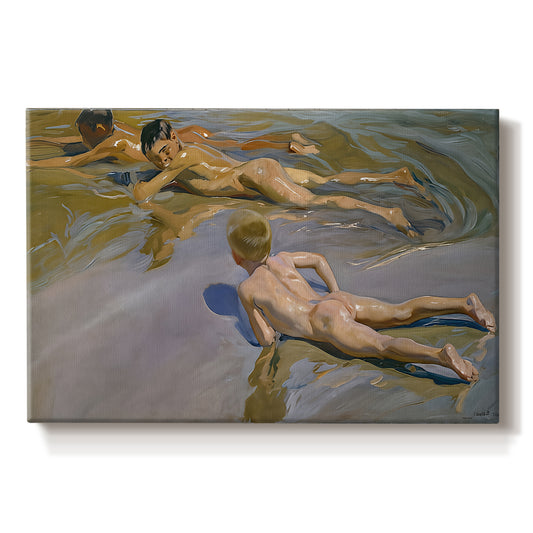Canvas art print portraying young boys running and playing along shoreline in sunlight, set against a white background