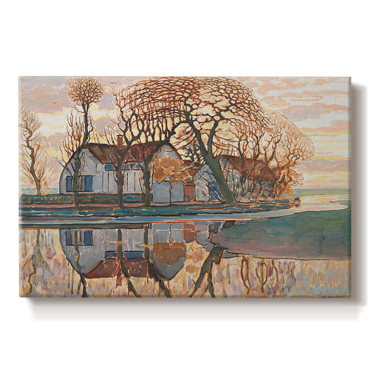 Canvas art print portraying a farmhouse in simplified landscape with bold outlines, set against a white background