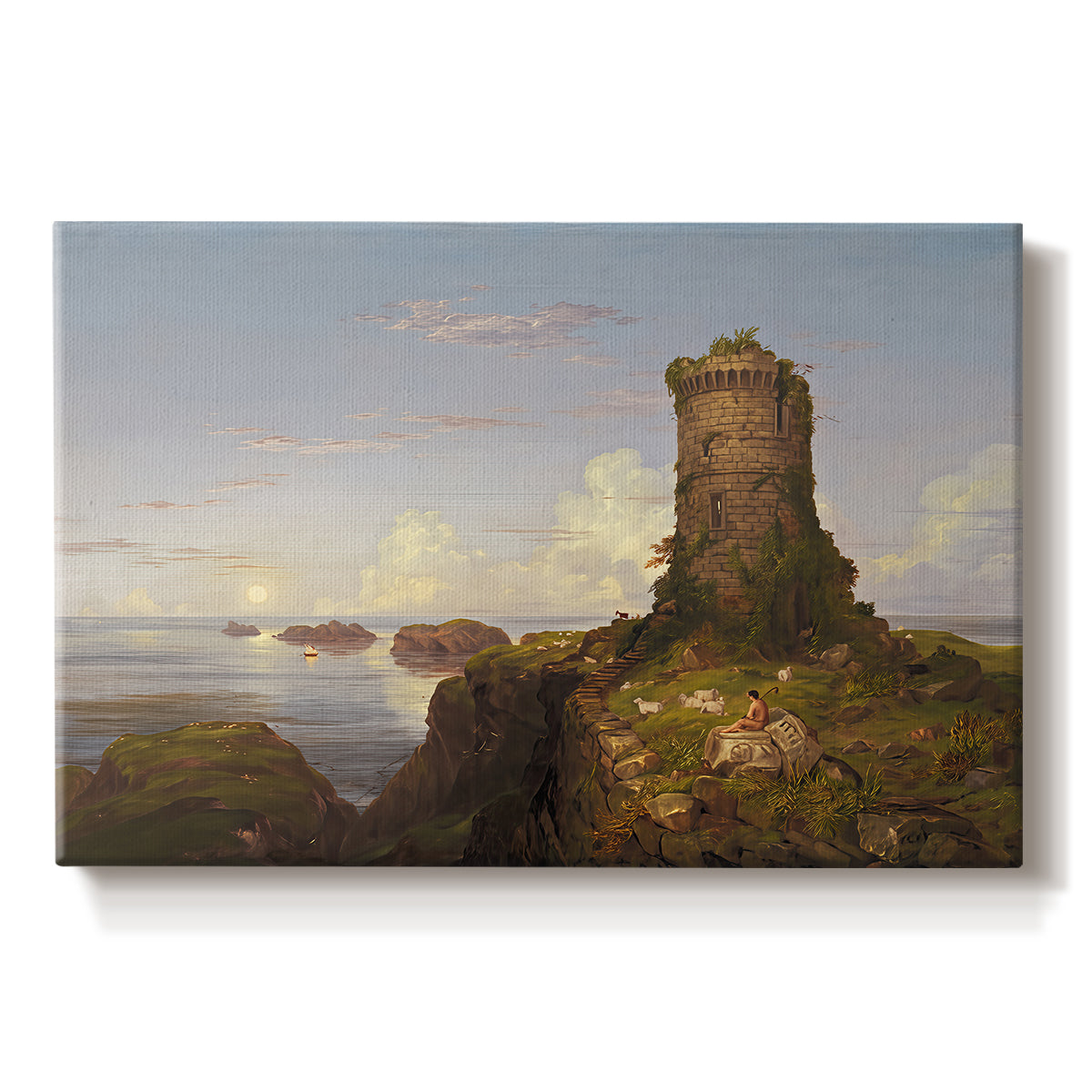 Canvas art print portraying a coastal landscape with ruined tower overlooking sea, set against a white background