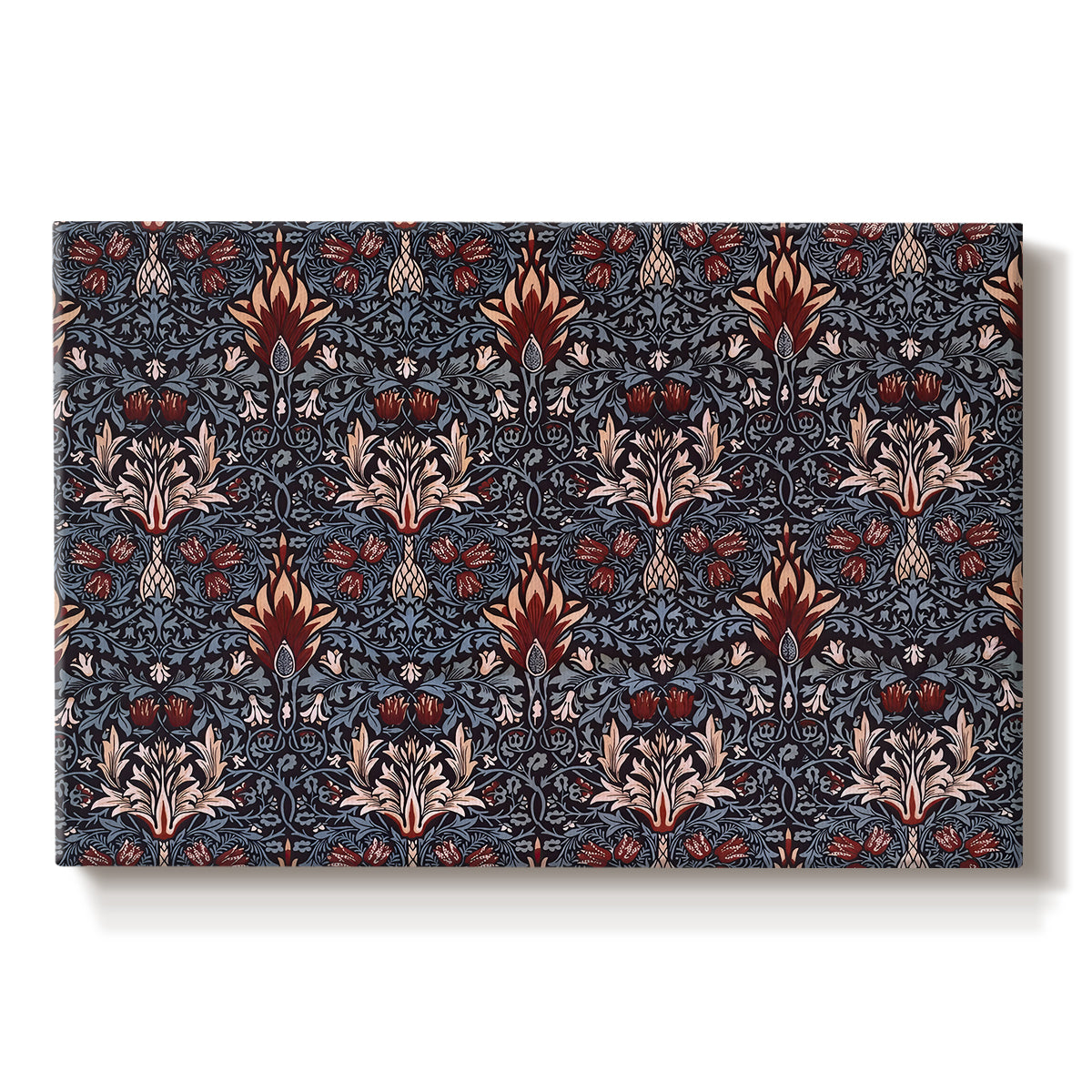 Canvas art print portraying a repeating pattern of stylized flowers with curved stems in contrasting indigo and red tones, set against a white background