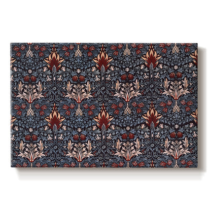 Canvas art print portraying a repeating pattern of stylized flowers with curved stems in contrasting indigo and red tones, set against a white background