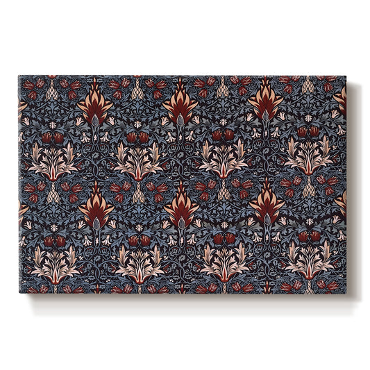 Canvas art print portraying a repeating pattern of stylized flowers with curved stems in contrasting indigo and red tones, set against a white background