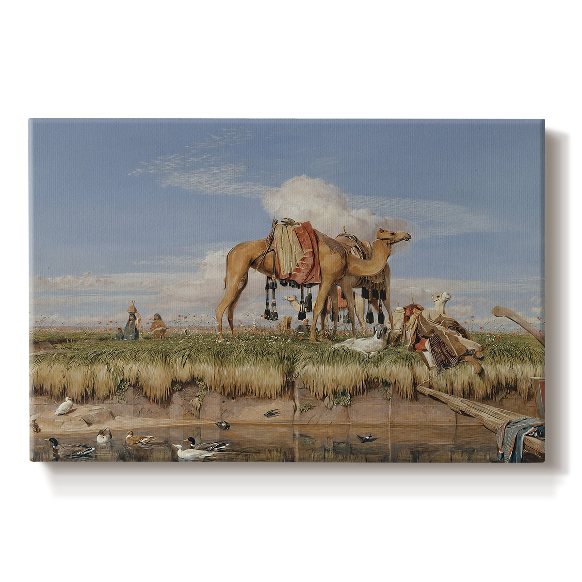 Canvas art print portraying figures and animals along riverbank with desert landscape, set against a white background