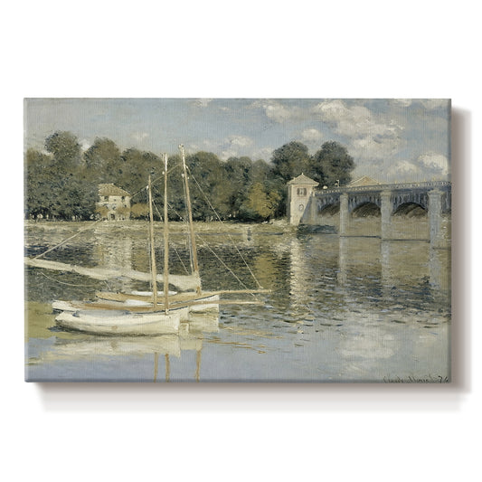 Canvas art print portraying a bridge spanning river with sailboats and reflections in water, set against a white background
