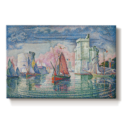 Canvas art print portraying a harbor opening with boats and structures, set against a white background