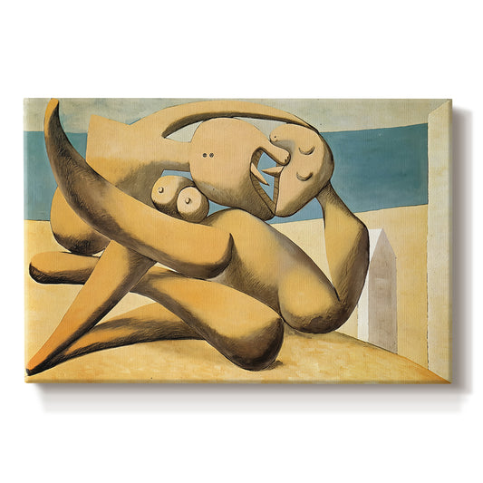 Canvas art print portraying abstracted figures embracing near shoreline, set against a white background
