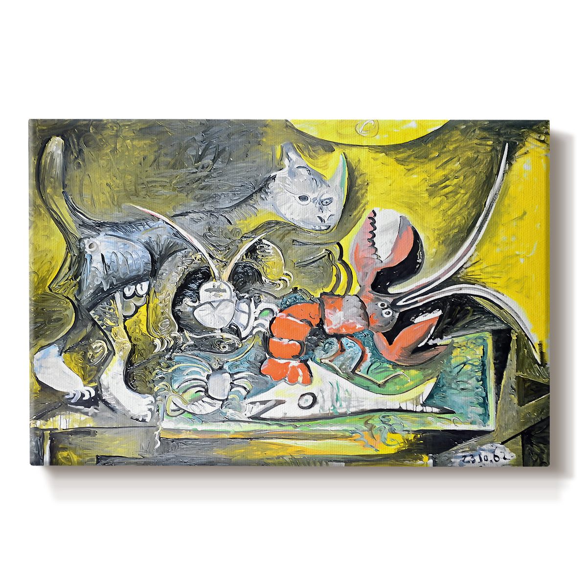 Canvas art print portraying an abstract still life combining cat and lobster, set against a white background