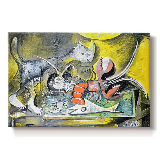 Canvas art print portraying an abstract still life combining cat and lobster, set against a white background