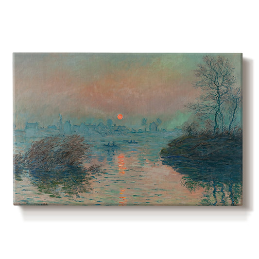 Canvas art print portraying a glowing sunset over snowy river landscape with soft reflections, set against a white background