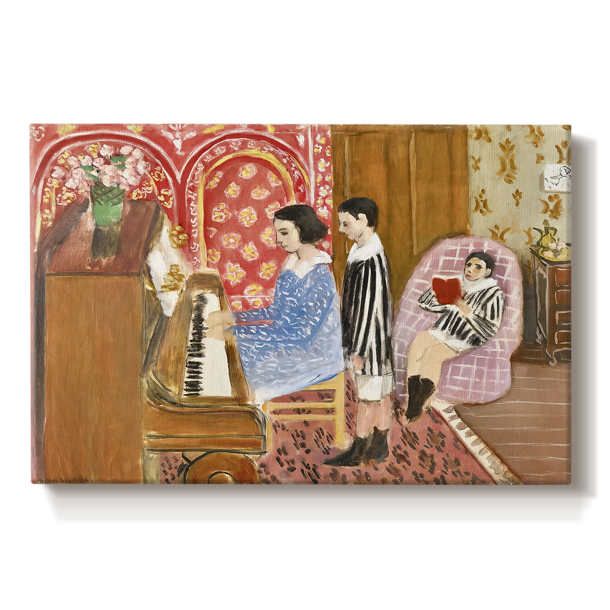 Canvas art print portraying an interior scene with figures around a piano, set against a white background