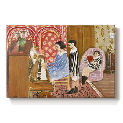 Canvas art print portraying an interior scene with figures around a piano, set against a white background