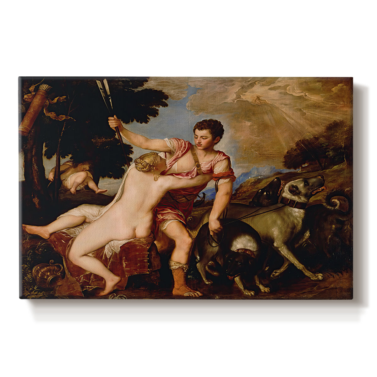 Canvas art print portraying a mythological couple in dramatic embrace as Adonis prepares to depart, set against a white background