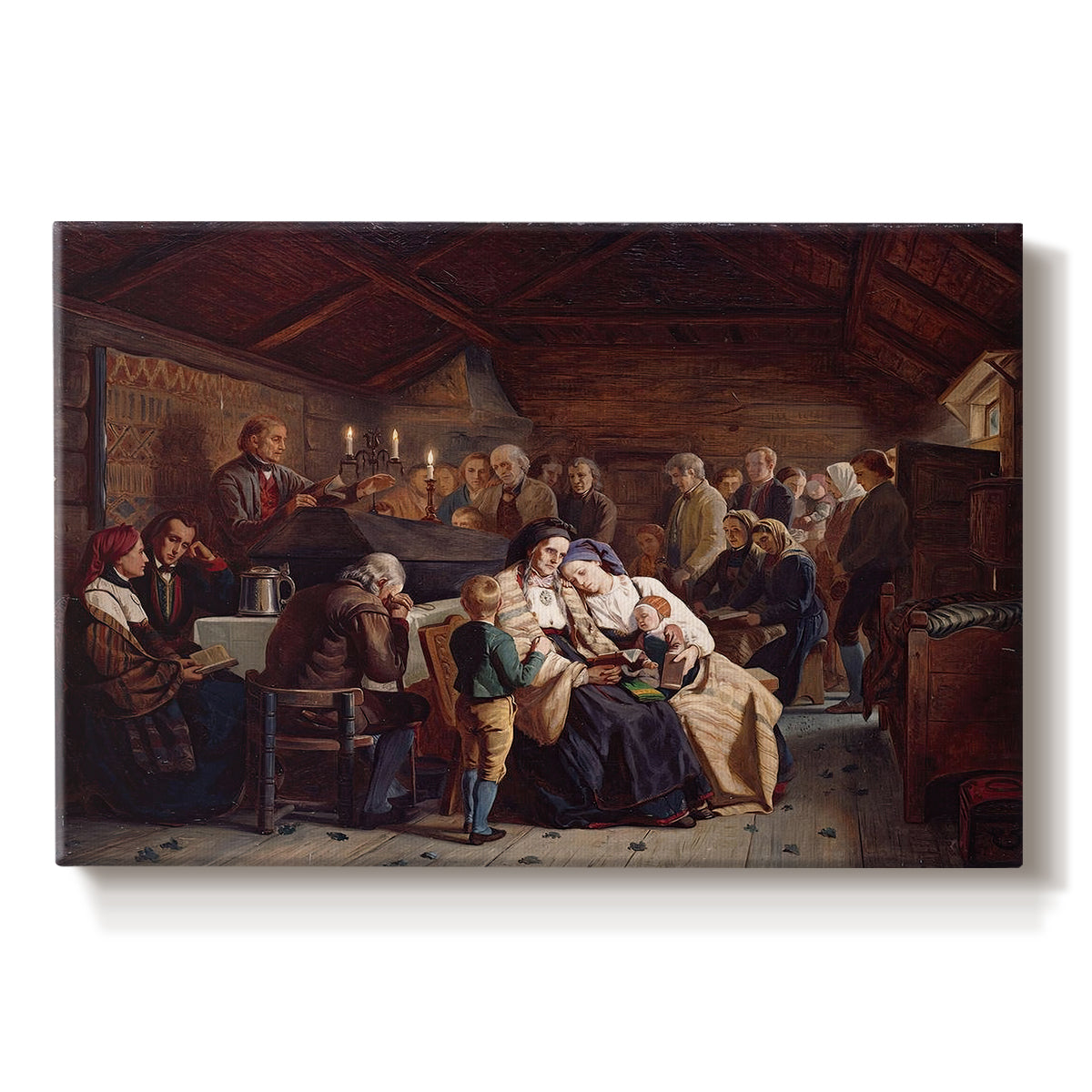 Canvas art print portraying a large gathering of villagers seated around tables during a funeral feast indoors, set against a white background
