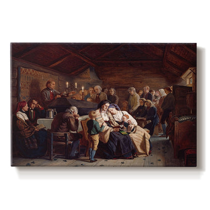 Canvas art print portraying a large gathering of villagers seated around tables during a funeral feast indoors, set against a white background