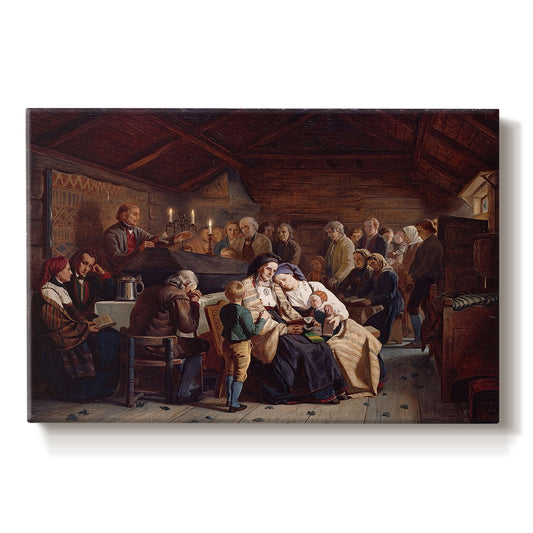 Canvas art print portraying a large gathering of villagers seated around tables during a funeral feast indoors, set against a white background