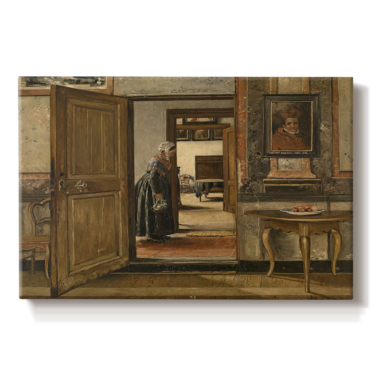 Canvas art print portraying a long interior hallway with figure standing in structured architectural space, set against a white background
