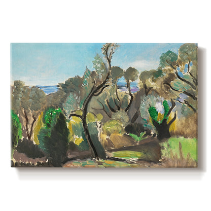 Canvas art print portraying a rolling landscape with trees and open sky in bright natural colors, set against a white background