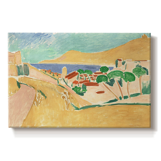 Canvas art print portraying a bright coastal townscape with buildings, water, and vivid colors, set against a white background