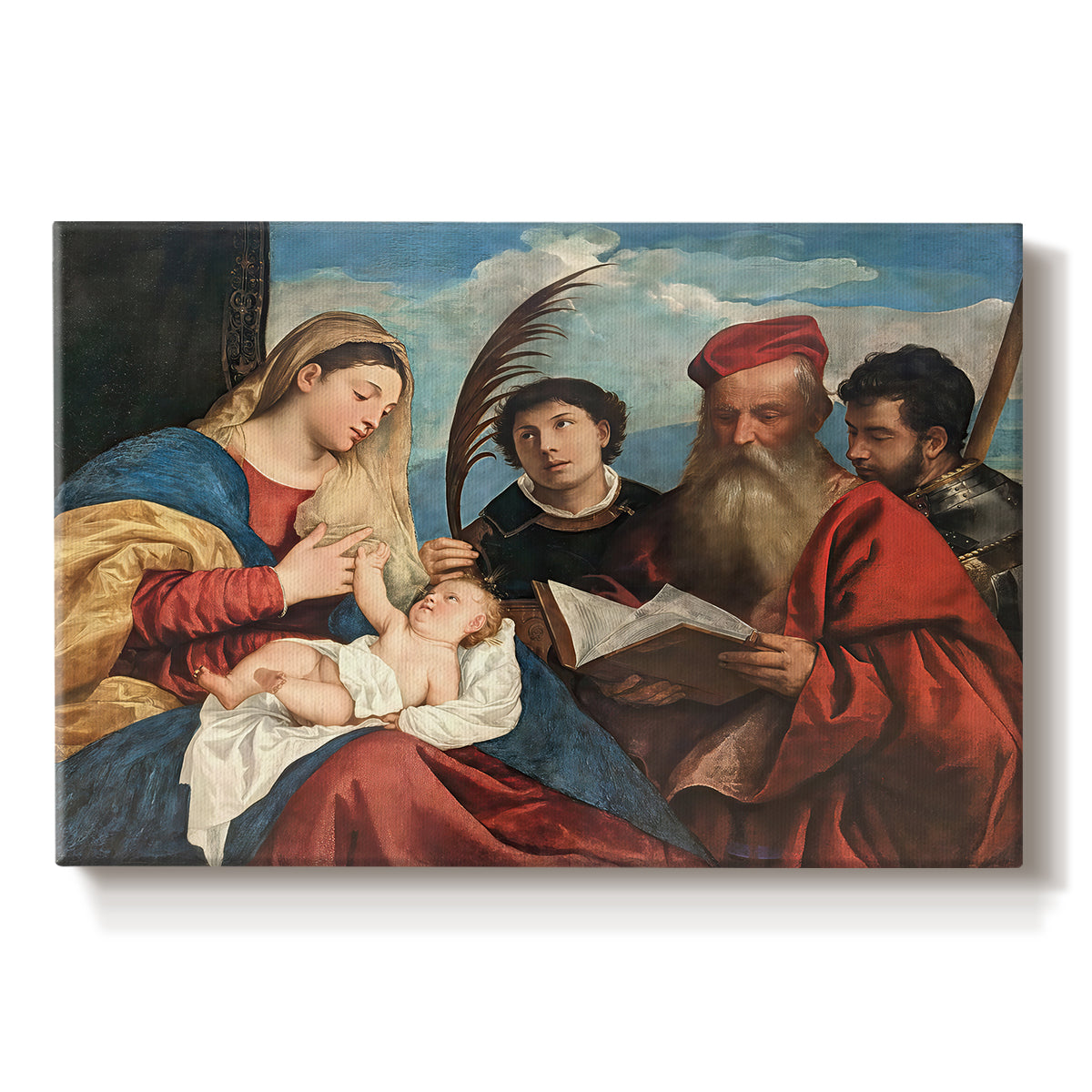 Canvas art print portraying a group of holy figures gathered around Madonna and child in colorful composition, set against a white background