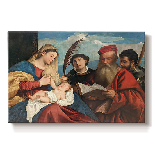 Canvas art print portraying a group of holy figures gathered around Madonna and child in colorful composition, set against a white background