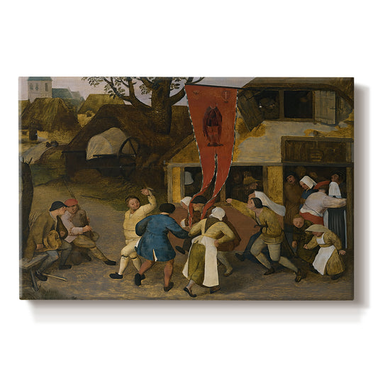 Canvas art print portraying villagers gathered outdoors celebrating in festive scene, set against a white background