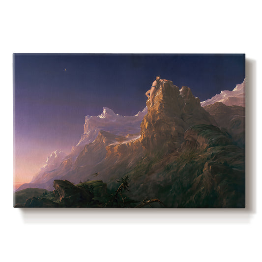 Canvas art print portraying a mythological figure chained within vast mountainous landscape, set against a white background