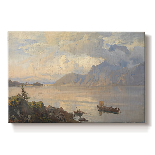 Canvas art print portraying a lake surrounded by mountains with boats on calm water, set against a white background