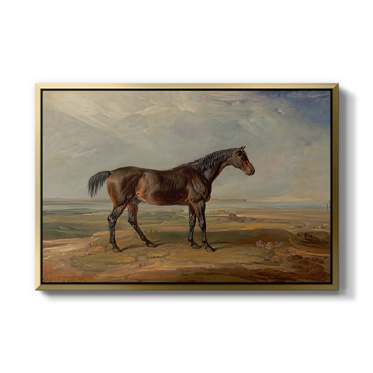 Dr. Syntax, a Bay Racehorse, Standing in a Coastal Landscape, an Estuary Beyond, c. 1820 - Floater Framed Canvas Print