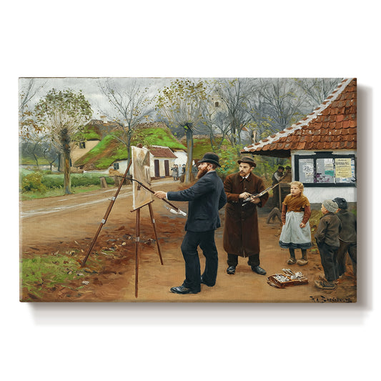 Canvas art print portraying a group of people gathered outdoors near buildings in rural village, set against a white background