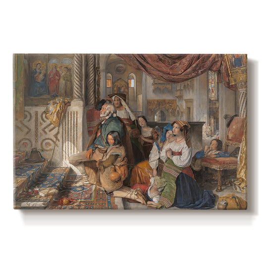 Canvas art print portraying a group of figures gathered outdoors in travel or religious setting, set against a white background