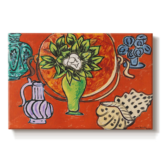 Canvas art print portraying magnolia flowers arranged in a vase within a patterned still life, set against a white background