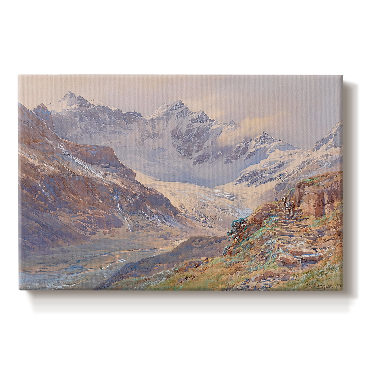 Canvas art print portraying an alpine glacier landscape with rugged peaks and snow-covered terrain, set against a white background