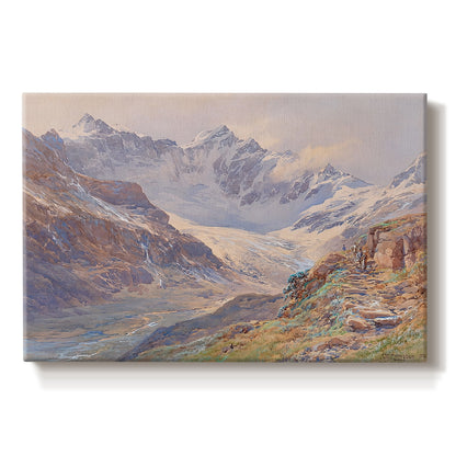Canvas art print portraying an alpine glacier landscape with rugged peaks and snow-covered terrain, set against a white background